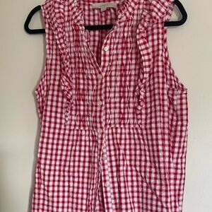 LOFT Red Ruffled Bib Collar Blouse